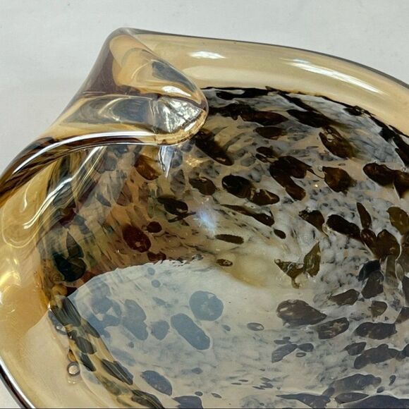 Murano Style Gold Yellow Speckled Art Glass Hand Blown Curved Leaf Shaped Dish - Picture 8 of 10